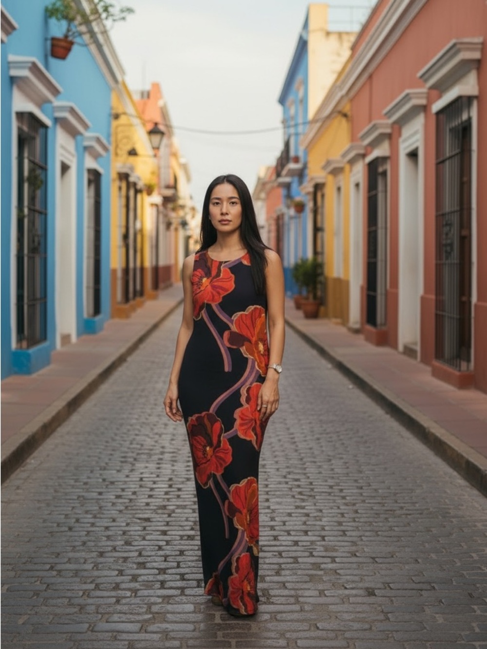 Lost + Wander Black Maxi Dress with Red Floral Motif